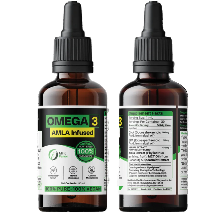 Two bottles of Omega-3 AMLA Infused Oil, one with the front view showing the product name and description, and the other with the back view displaying the supplement facts and ingredients.