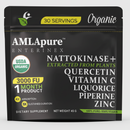 Packaging of AMLApure Enterinex, featuring an orange and black design, with labels such as 'Organic', '30 Servings', and 'USDA Organic'. The product includes Nattokinase, Quercetin, Vitamin C, Licorice, and Zinc.